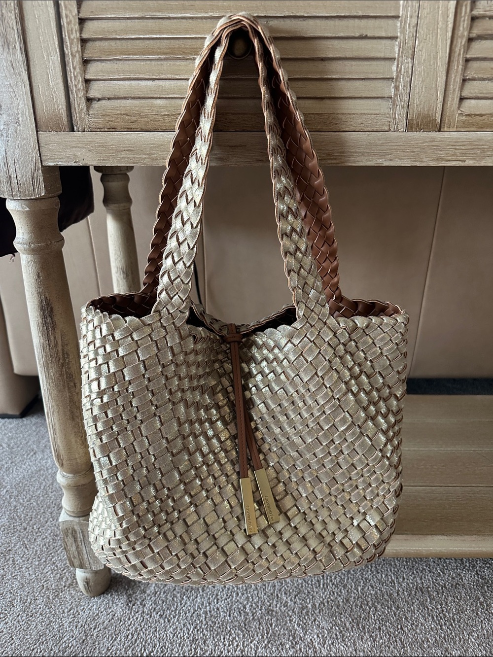 Calvin Klein gold/brown reversible weaved bag